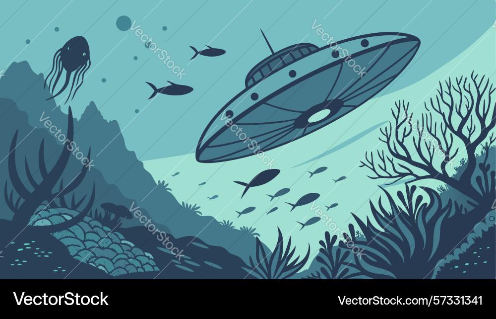 Mysterious ufo hovering in clear blue underwater Vector Image