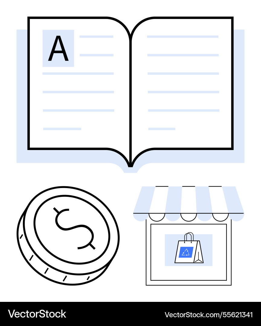 Open book with a dollar coin and storefront Vector Image