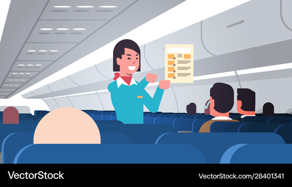 Stewardess erklärt für Fahrgastanweisungen Stewardess erklärt für Fahrgastanweisungen vektorbild