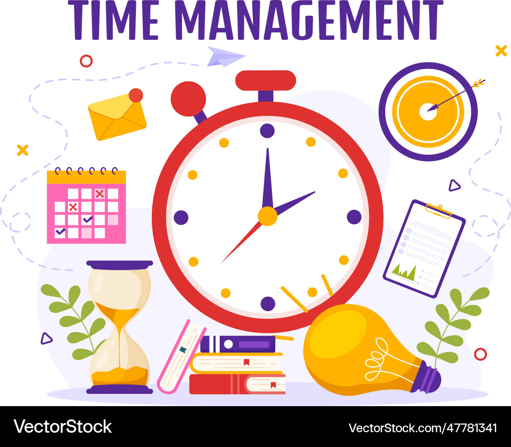 Time management with clock controls and tasks Time management with clock controls and tasks Vector Image