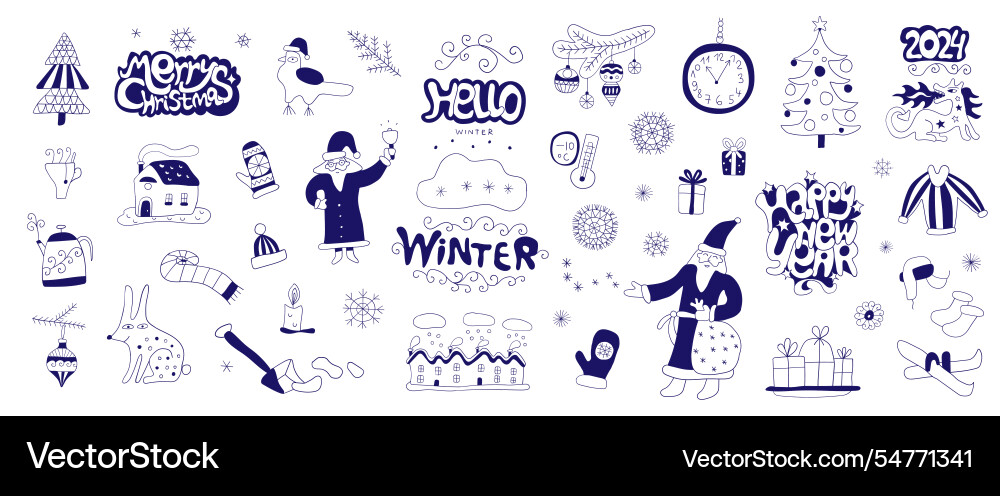 Winter season christmas holidays doodle set hand Winter season christmas holidays doodle set hand vector image