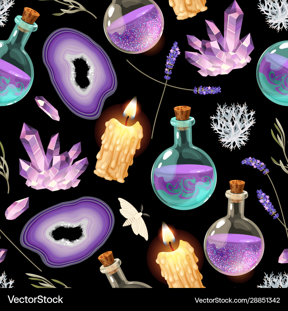 Magic seamless pattern with glass flask and candle Vector Image