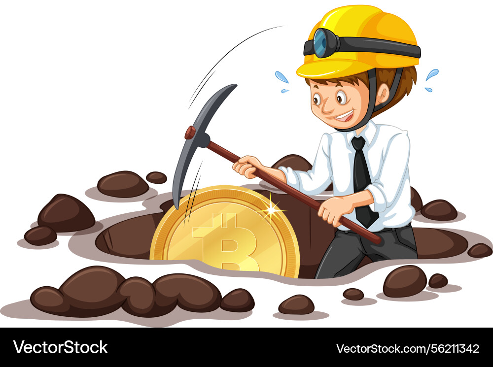 Man mining bitcoin with a pickaxe and helmet Man mining bitcoin with a pickaxe and helmet vector image