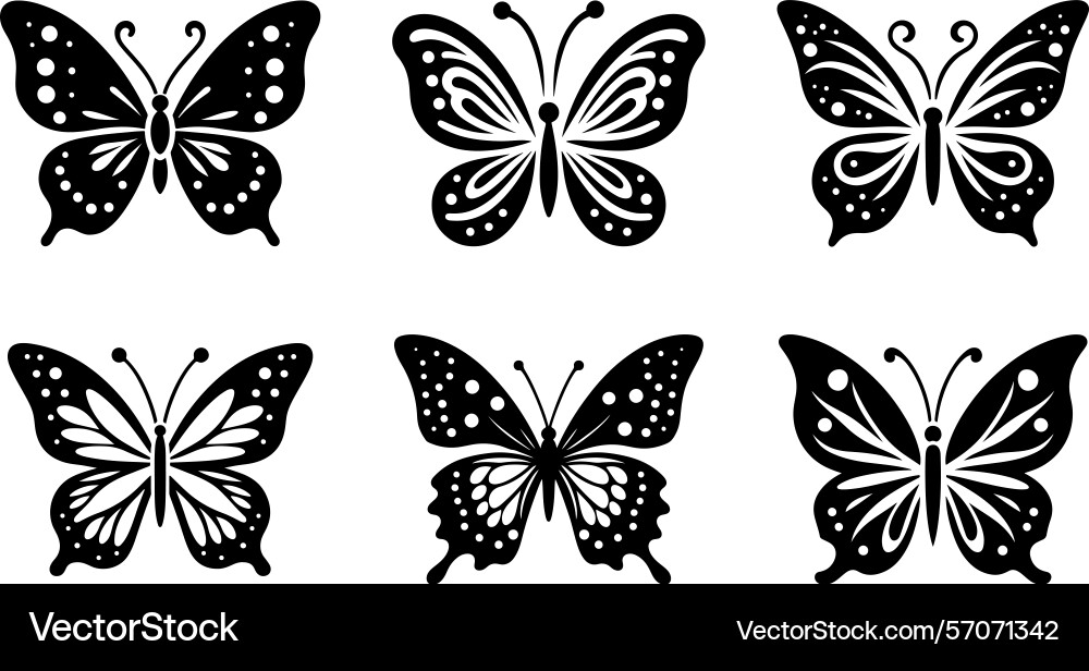 Six elegant black butterfly silhouettes on white Six elegant black butterfly silhouettes on white Vector Image