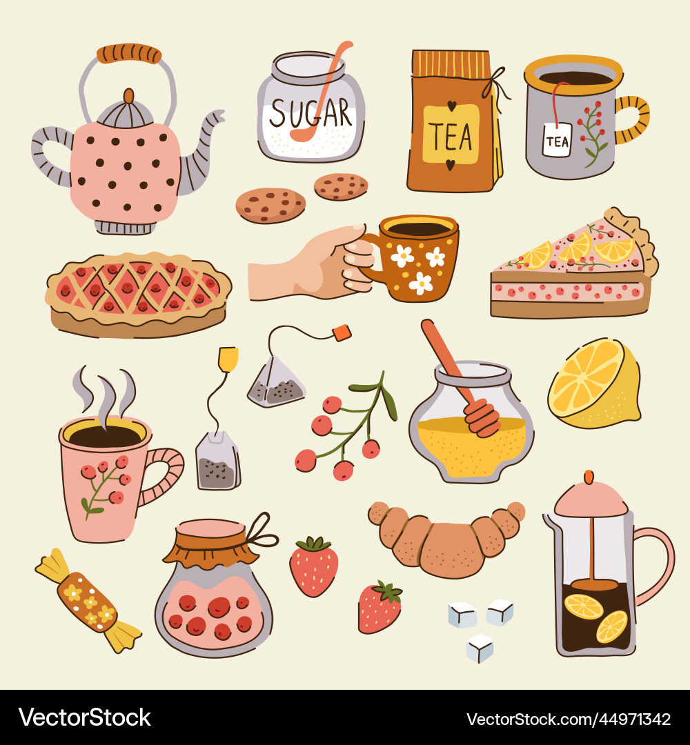 Tea time cups dishes teapots for cozy spend relax Tea time cups dishes teapots for cozy spend relax vector image