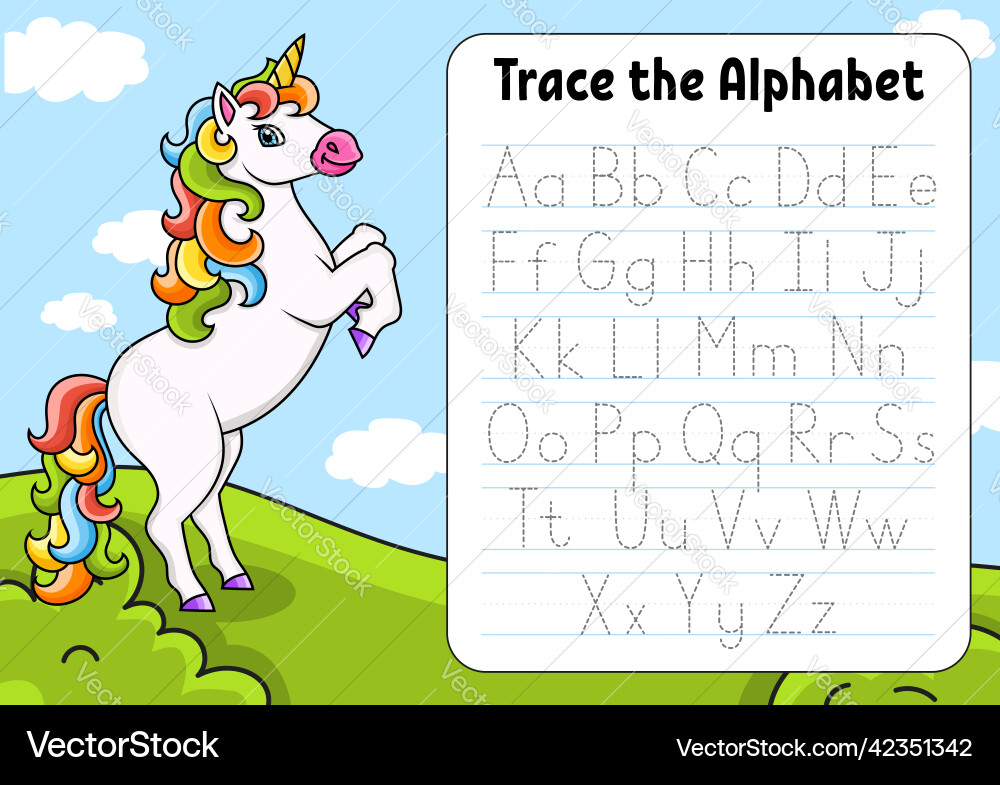 Writing letters tracing page with unicorn Writing letters tracing page with unicorn vector image