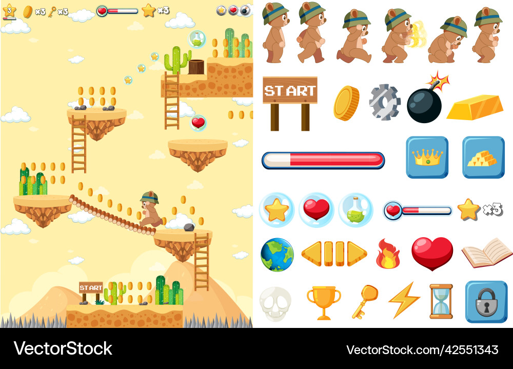 Platform game background template with items Platform game background template with items vector image