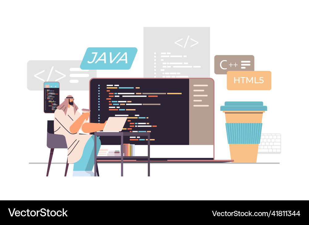 Arab web developer creating program code on laptop Arab web developer creating program code on laptop Vector Image