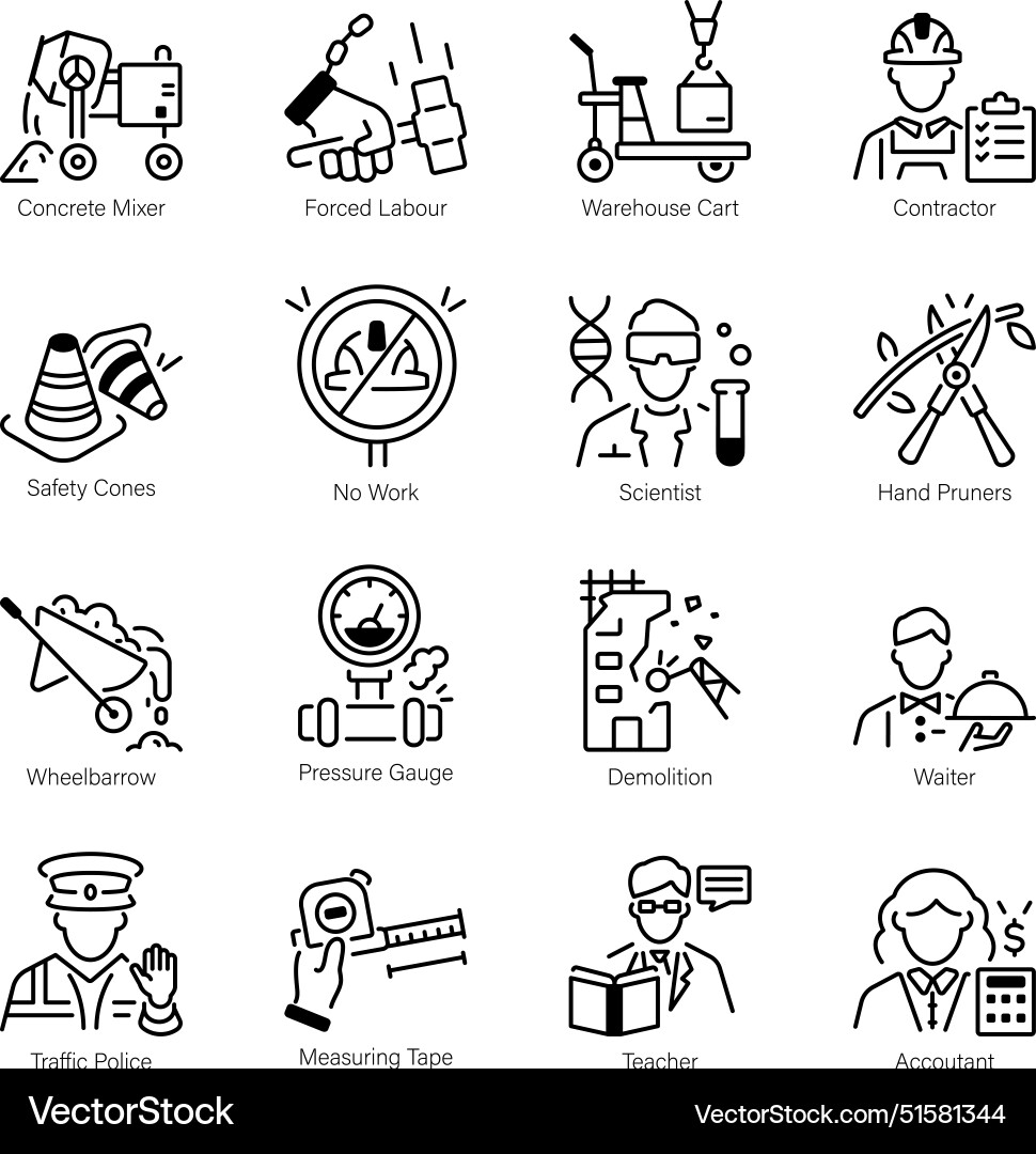 Collection of occupations and labours tools linear Vector Image