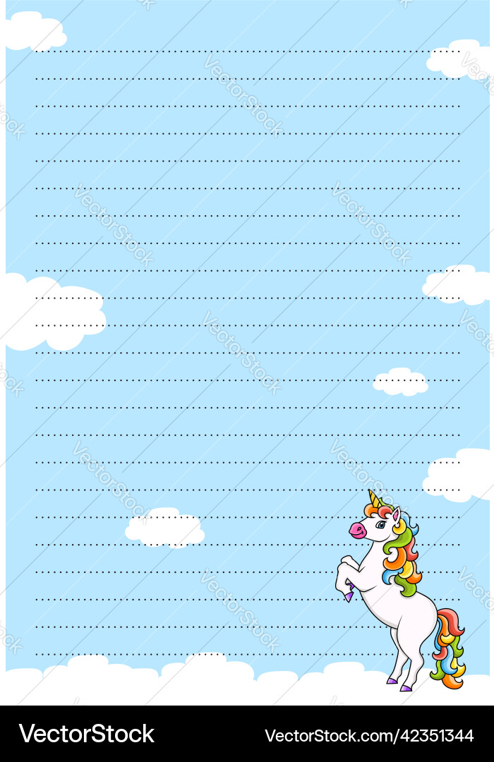 Colored sheet template for notes with unicorn Colored sheet template for notes with unicorn vector image