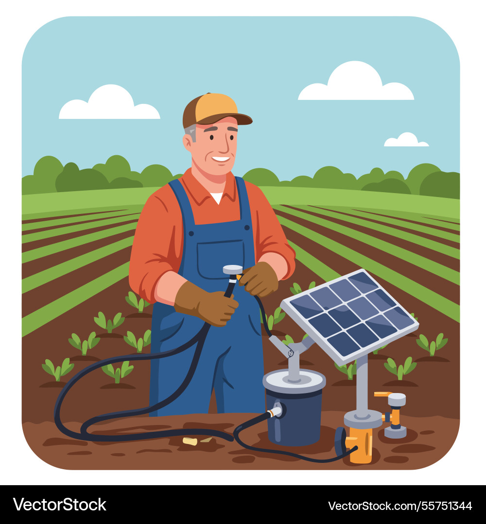Farmer connecting irrigation hose in field Vector Image