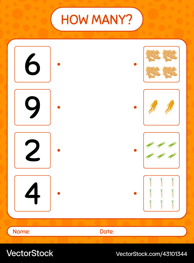 How many counting game with vegetables worksheet Vector Image