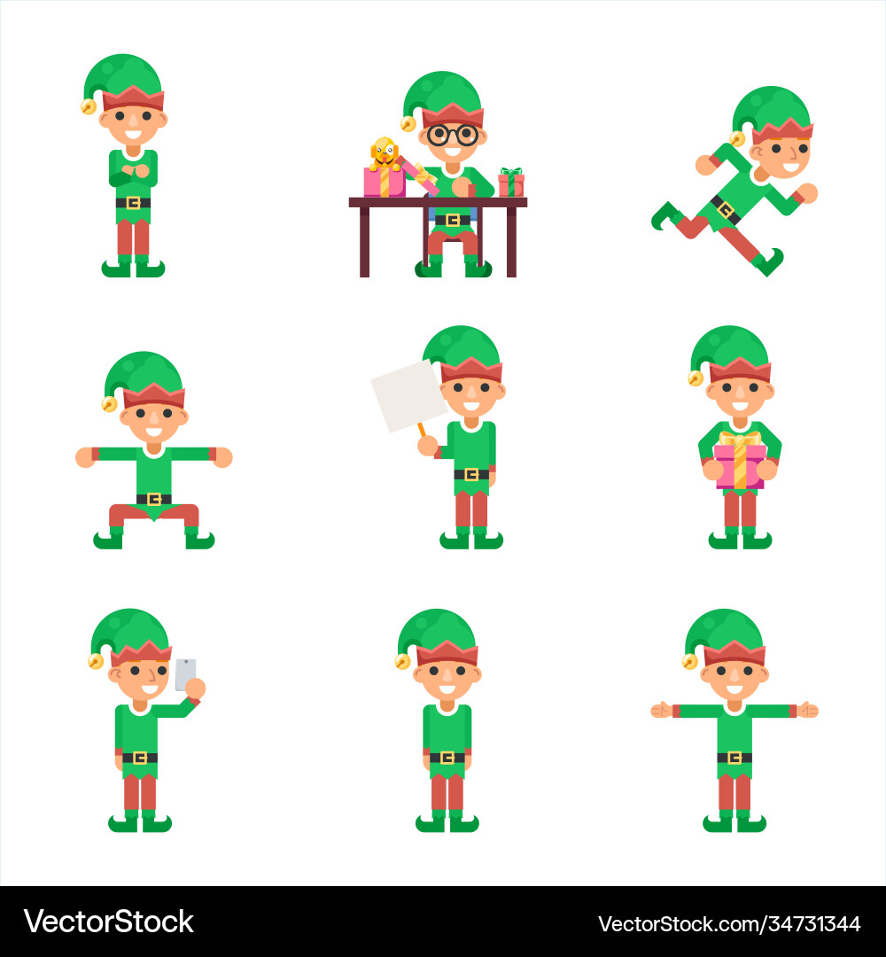 Santa claus helper elf characters set in different Santa claus helper elf characters set in different vector image