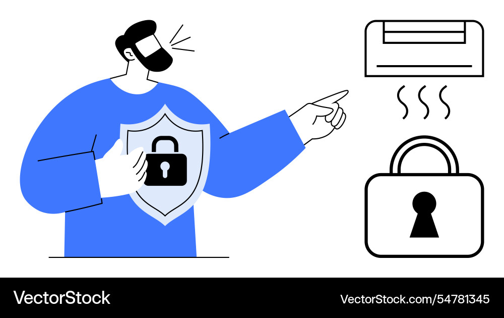 Man holding shield with lock explaining heating Man holding shield with lock explaining heating vector image