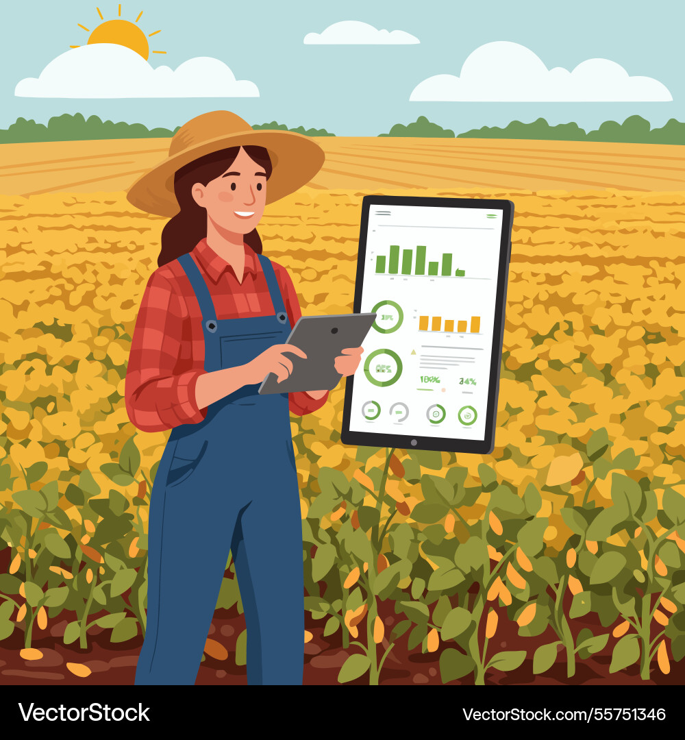 Farmer using tablet analyzing crop data in field vector image