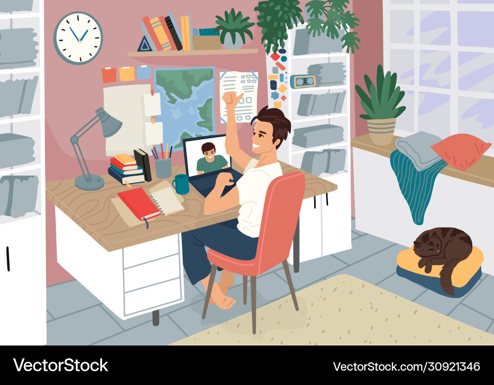 Man Working on Computer with Cat vector image