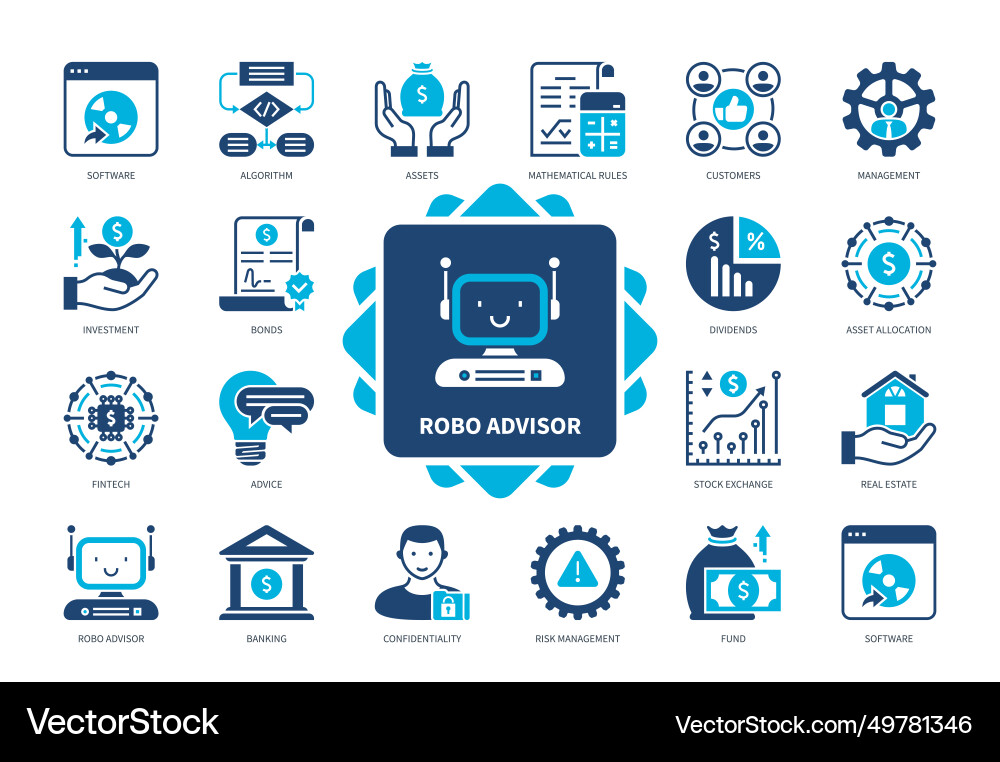 Robo advisor solid icon set Robo advisor solid icon set Vector Image
