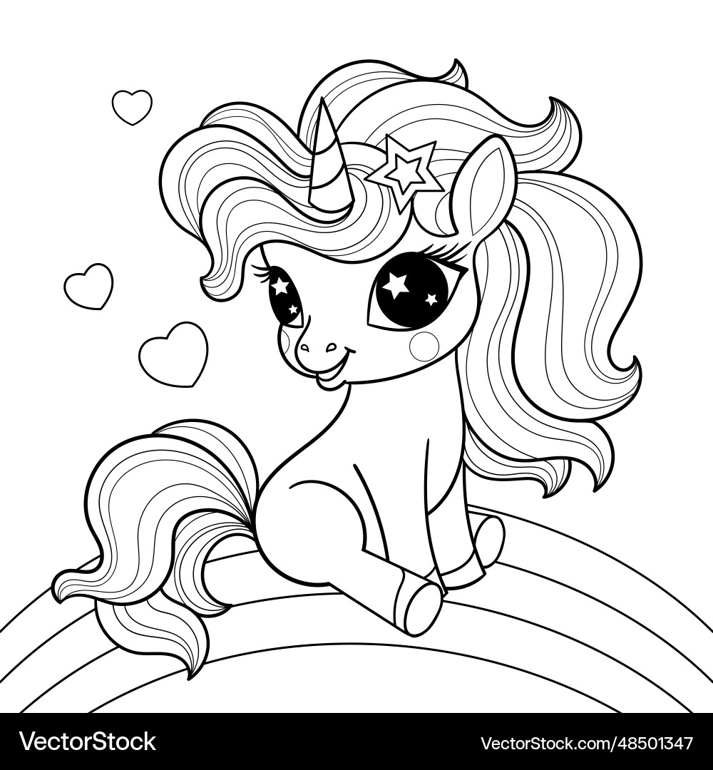 A small unicorn sits on rainbow black and white A small unicorn sits on rainbow black and white vector image