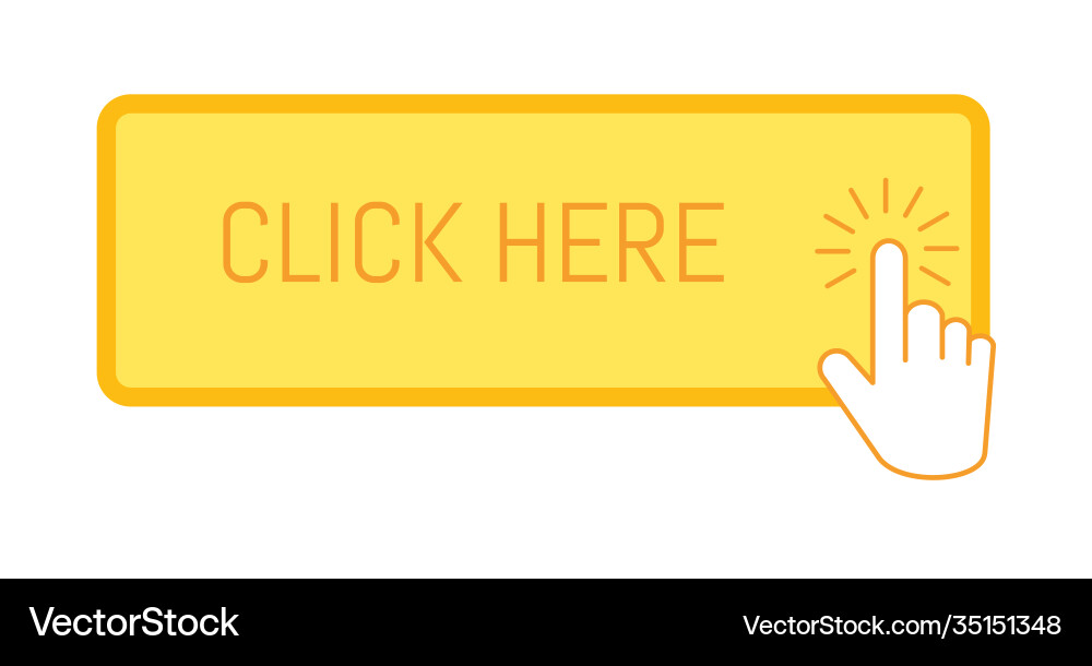 Click here button with hand cursor pressing vector image