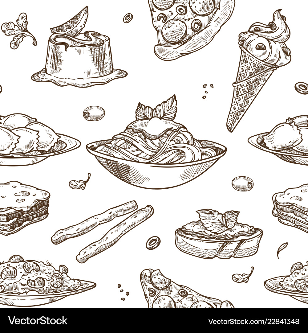 Italian cuisine sketch pattern background Italian cuisine sketch pattern background vector image