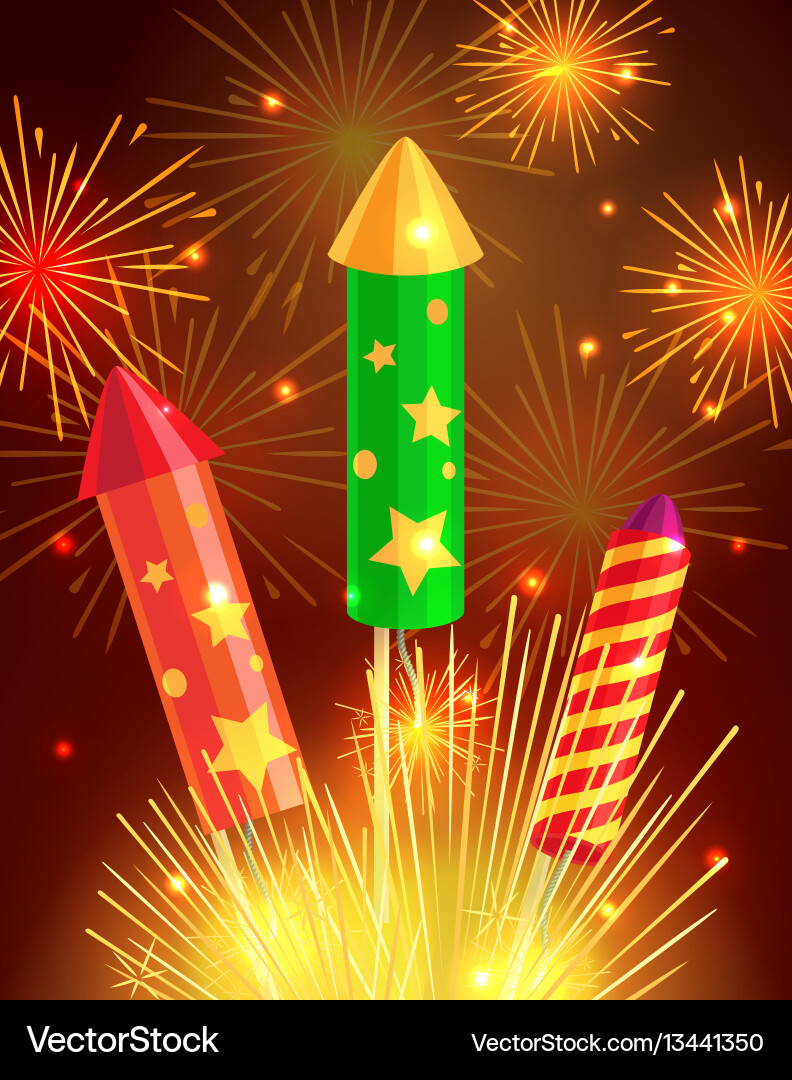 Colourful exploding rockets on bright background vector image