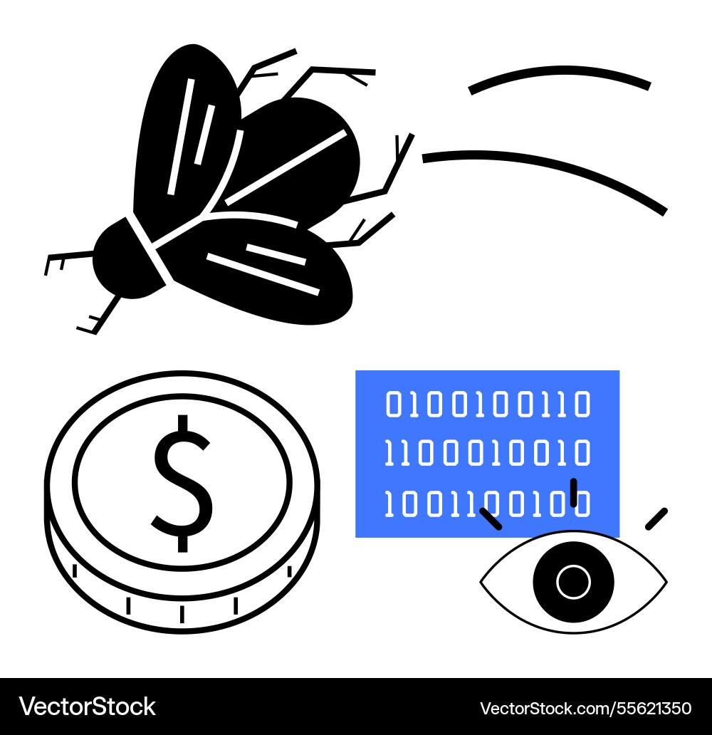 Digital surveillance concept with bug binary code Digital surveillance concept with bug binary code vector image