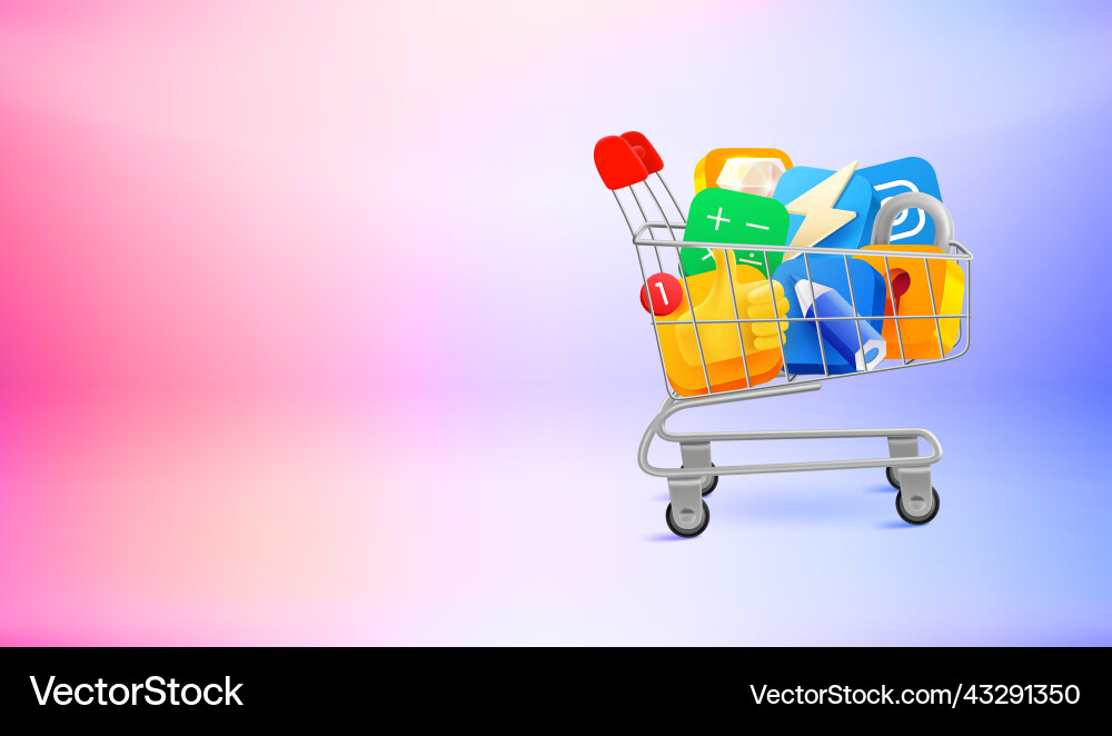 Full trolley of mobile application icons 3d Full trolley of mobile application icons 3d vector image