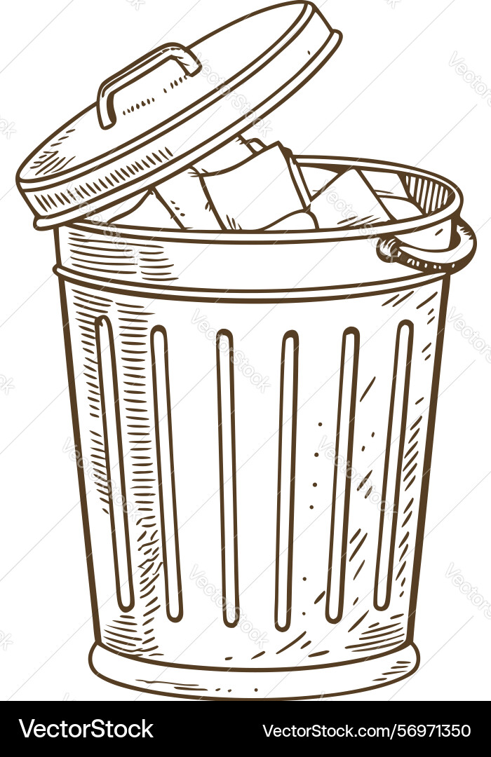 Open metal trash can with lid and garbage inside Open metal trash can with lid and garbage inside vector image
