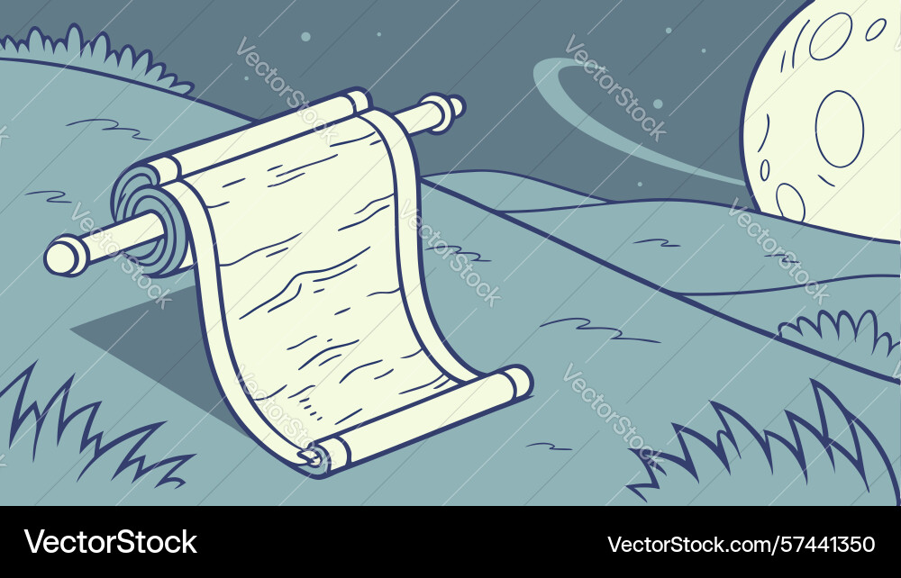 Open scroll on path under crescent moon vector image