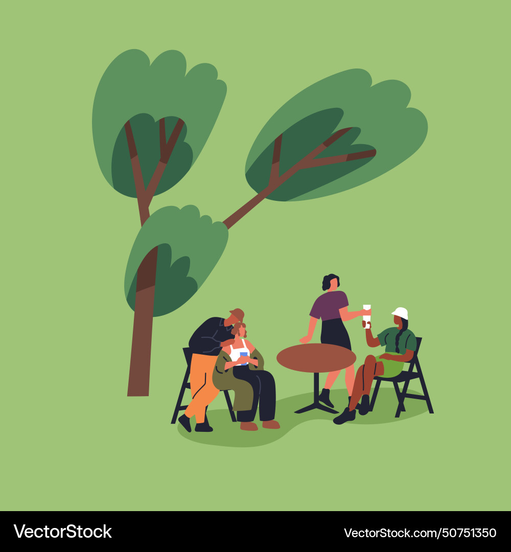 Tiny characters relaxing in park sitting at table Tiny characters relaxing in park sitting at table vector image