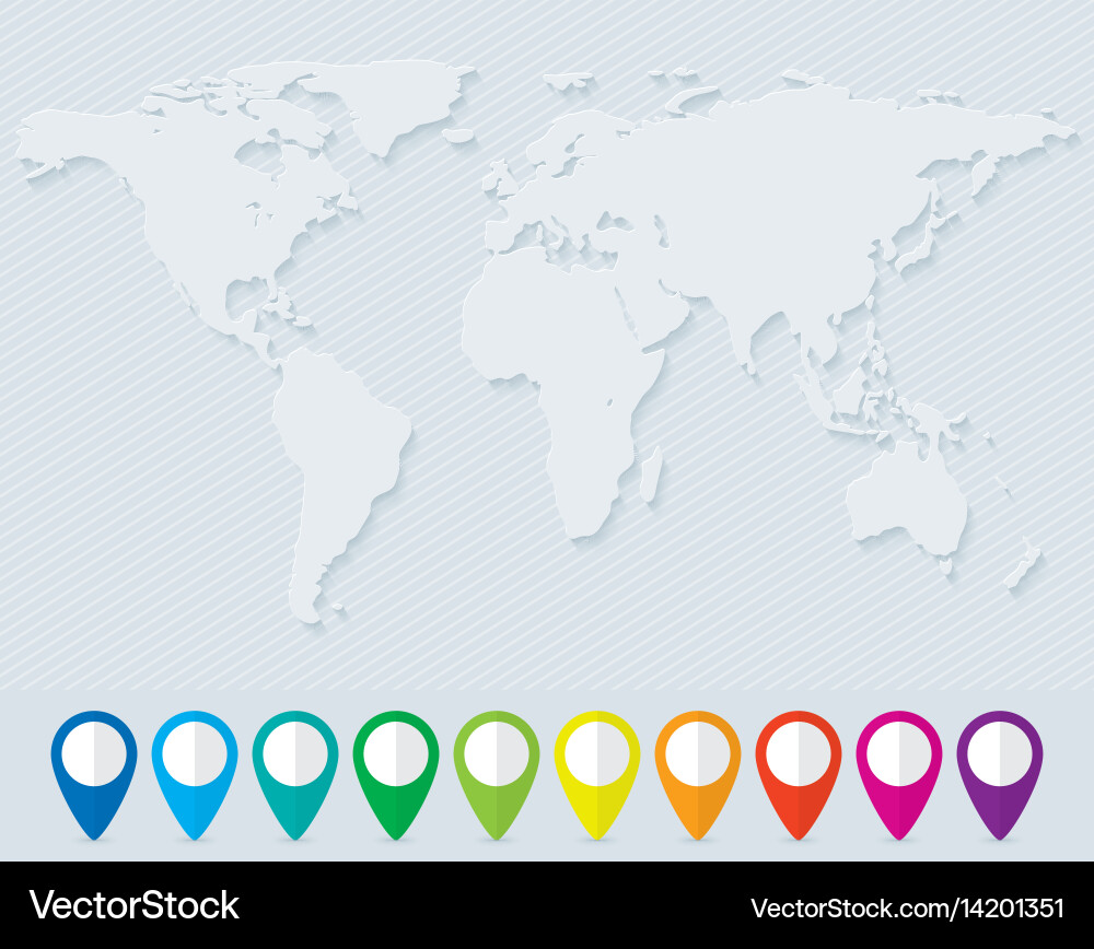 World map and set of colorful pointers vector image