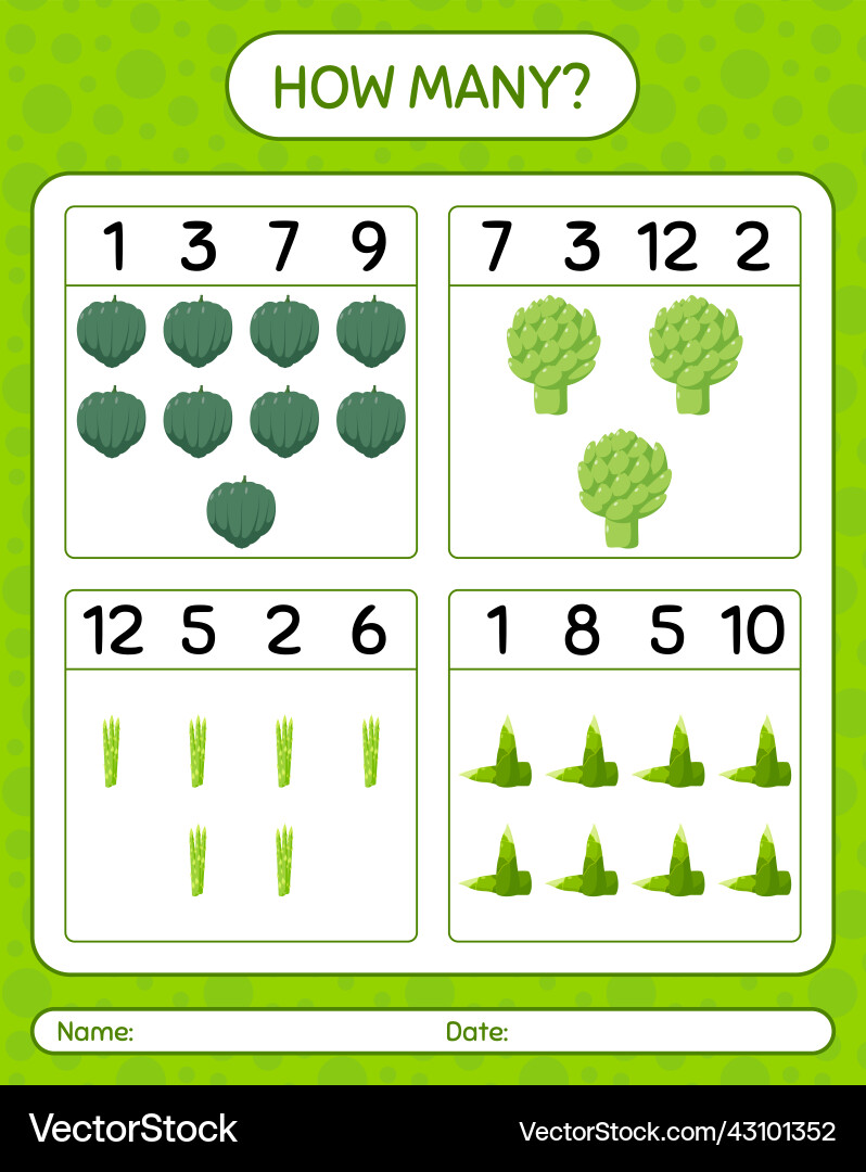 How many counting game with vegetables worksheet How many counting game with vegetables worksheet vector image