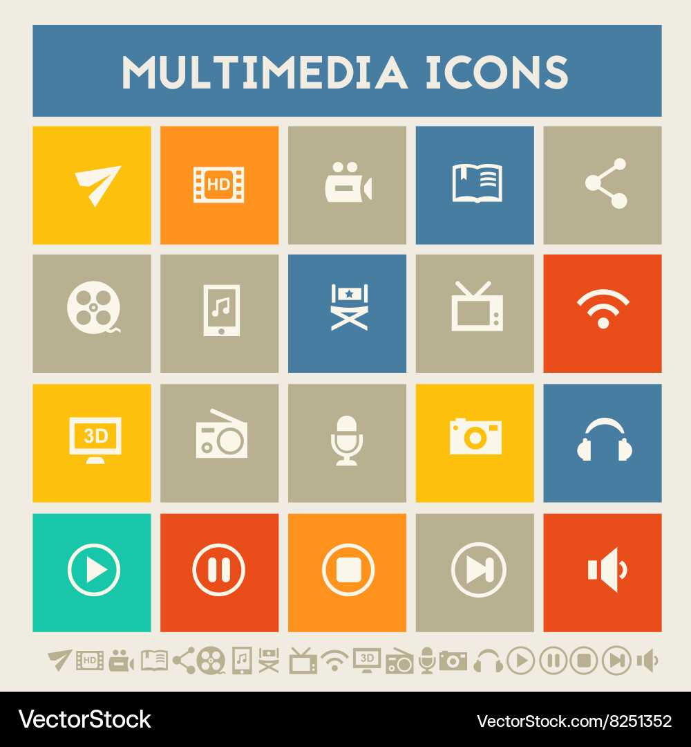 Multimedia icons multicolored square flat buttons Vector Image