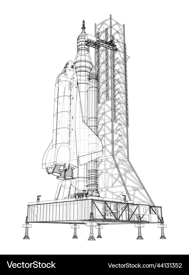 Space rocket on launch pad rendering of 3d vector image