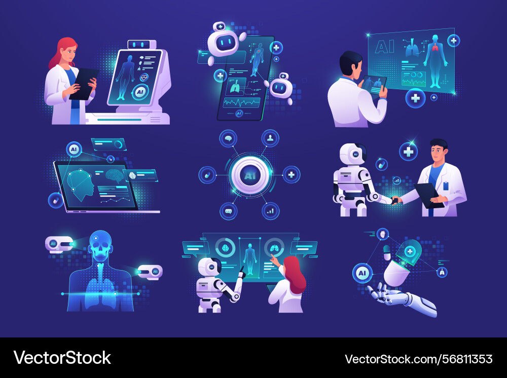 Gradient ai healthcare technology element set Vector Image