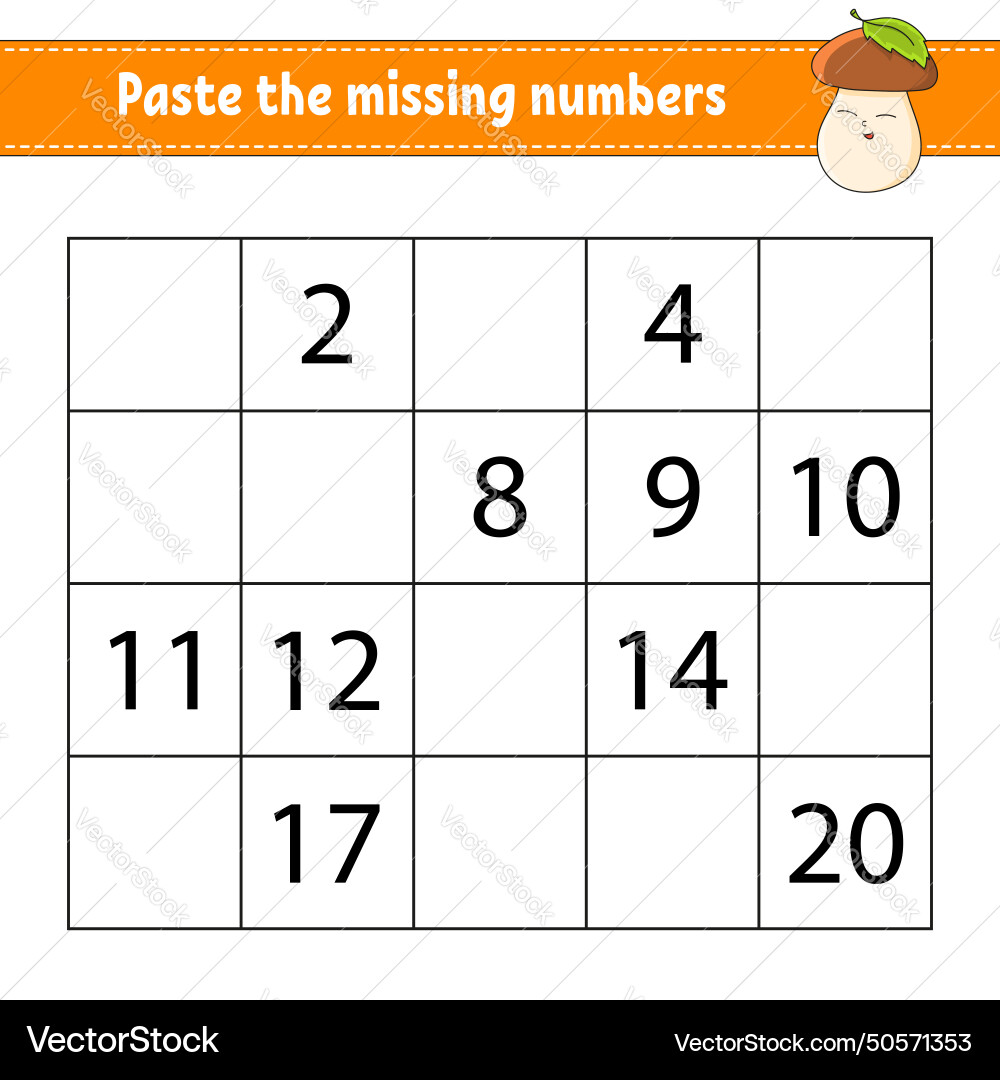 Paste the missing numbers 1-20 game for children Vector Image