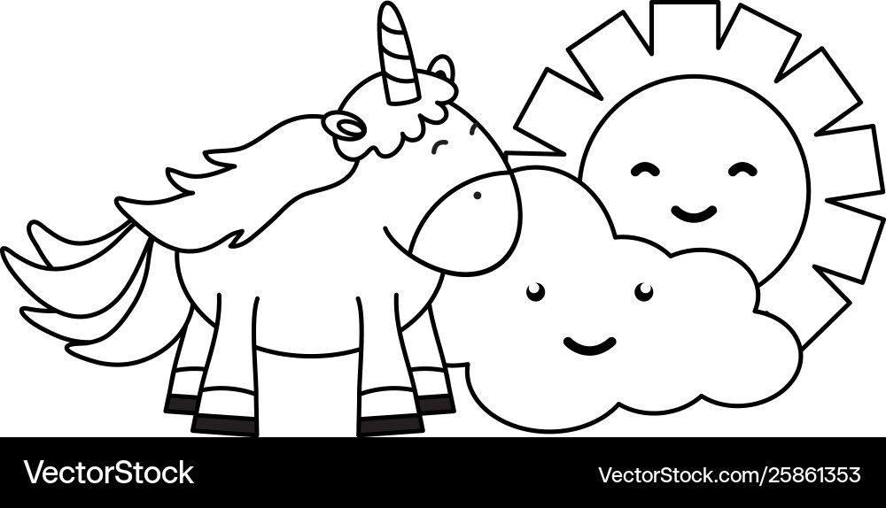 Süße bezaubernde Einhorn mit Wolken und Sonne kawaii Süße bezaubernde Einhorn mit Wolken und Sonne kawaii vektorbild