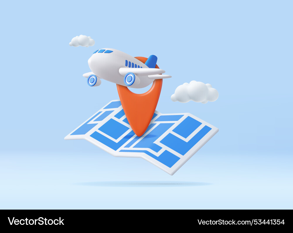 3d pin map with flight plane Vector Image