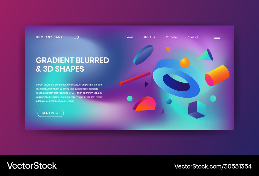 Gradient blurred 3d shapes landing page design Vector Image