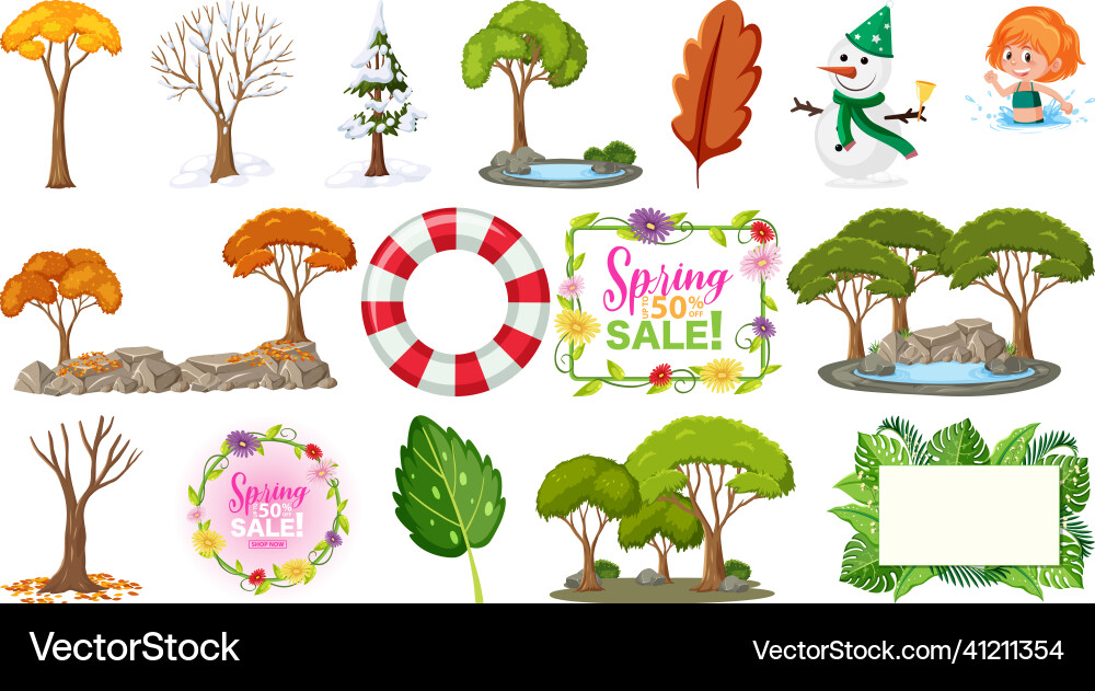 Set of four seasons trees and nature objects Vector Image