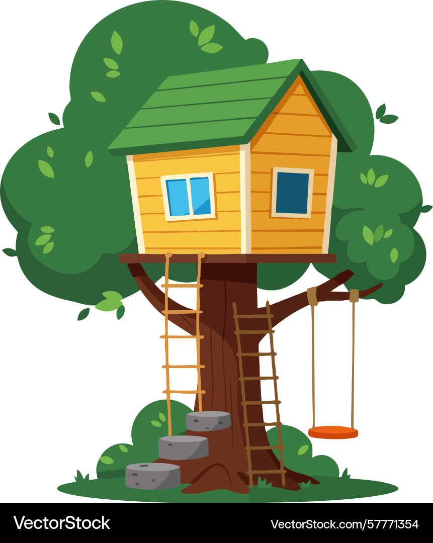 Treehouse nestled in a green tree with swing Vector Image