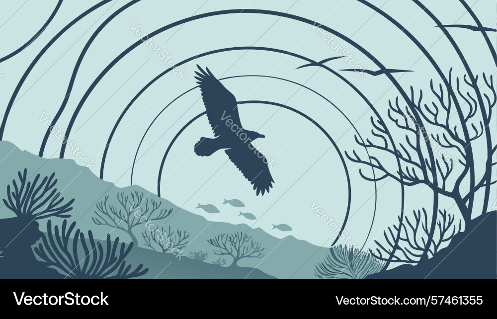 Dynamic bird flight with abstract radiating waves Vector Image