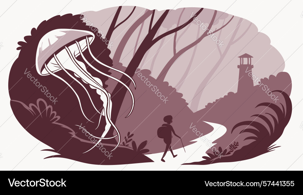 Enigmatic jellyfish floating over path in sparse Vector Image