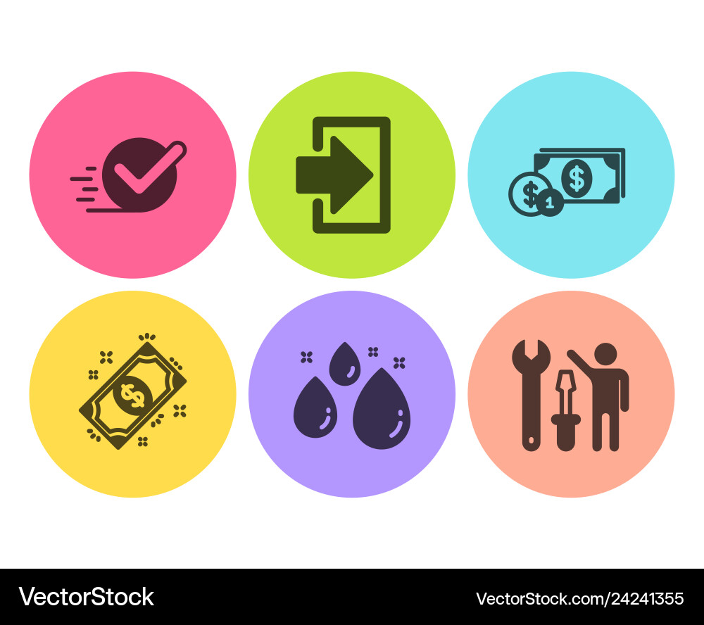 Login water drop and checkbox icons set payment Login water drop and checkbox icons set payment Vector Image