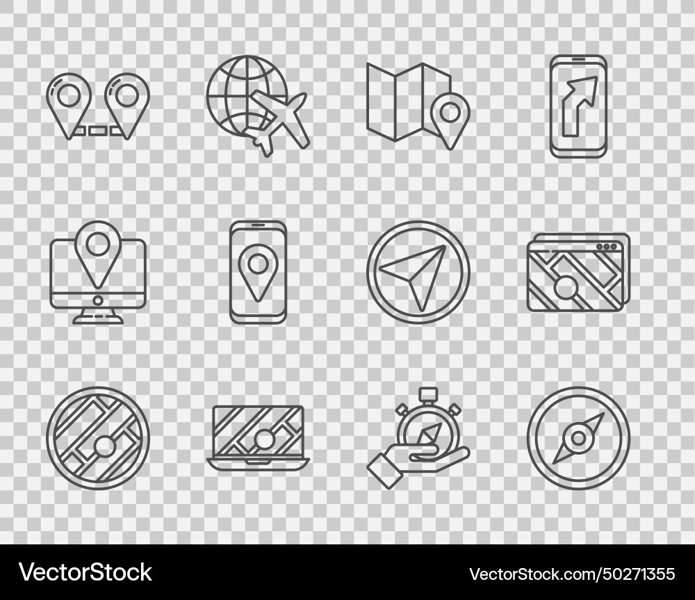 Set line folded map with location compass marker Set line folded map with location compass marker vector image