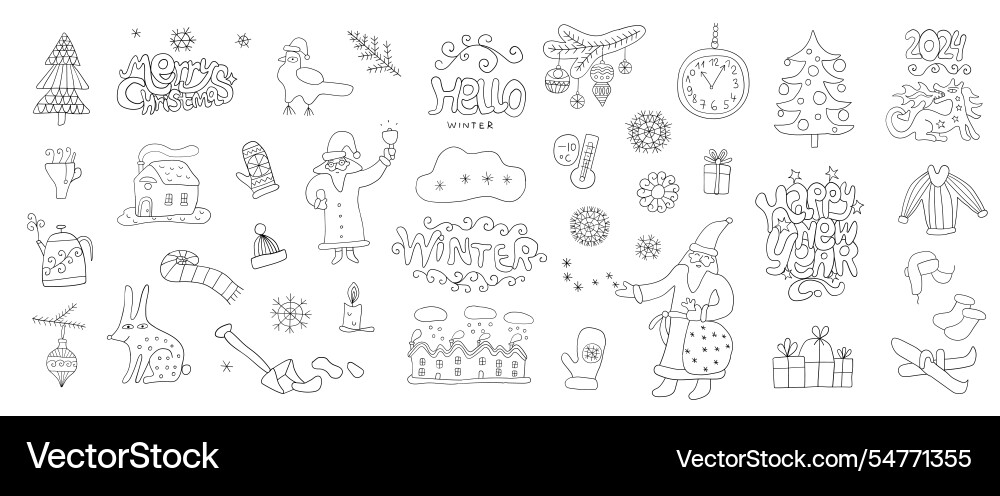 Winter season christmas holidays doodle set hand Winter season christmas holidays doodle set hand vector image