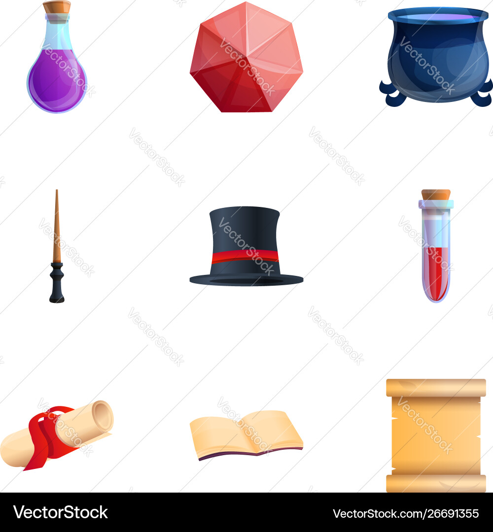 Wizard objects icon set cartoon style Wizard objects icon set cartoon style Vector Image
