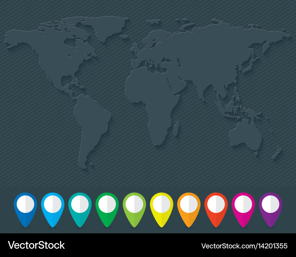 World map and set of colorful pointers vector image