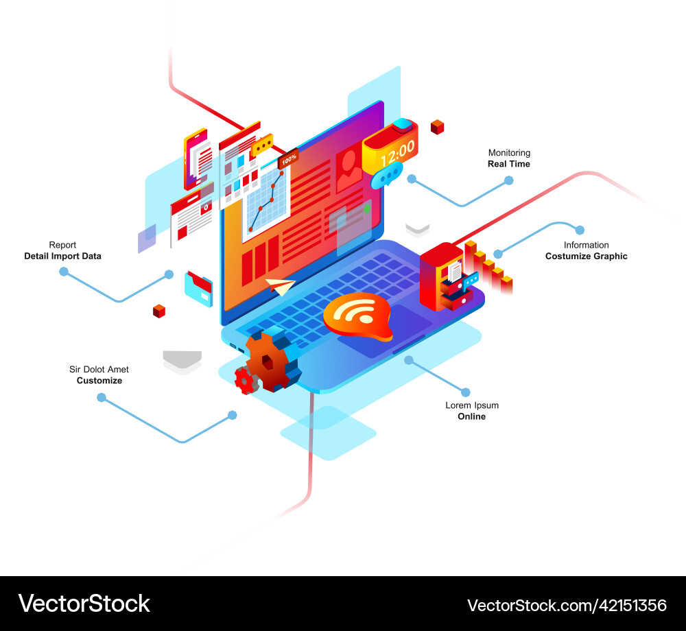 Computer smart system isometric 3d there is wifi Computer smart system isometric 3d there is wifi vector image