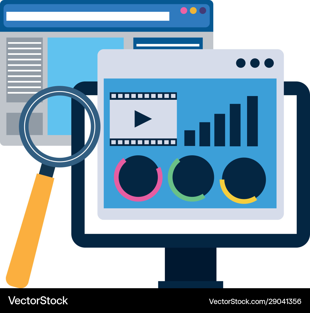 Computer with web pages and magnifying glass Vector Image